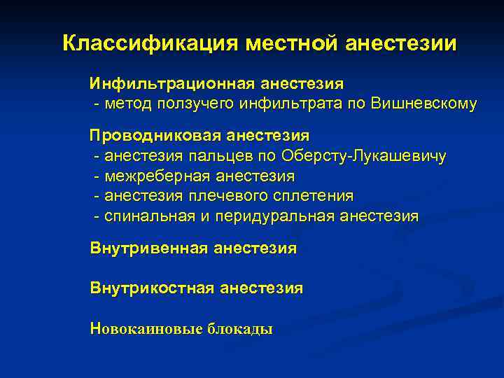 Классификация местной анестезии Инфильтрационная анестезия - метод ползучего инфильтрата по Вишневскому Проводниковая анестезия -