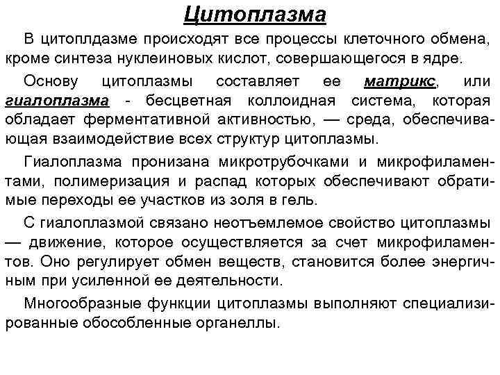 Цитоплазма В цитоплдазме происходят все процессы клеточного обмена, кроме синтеза нуклеиновых кислот, совершающегося в