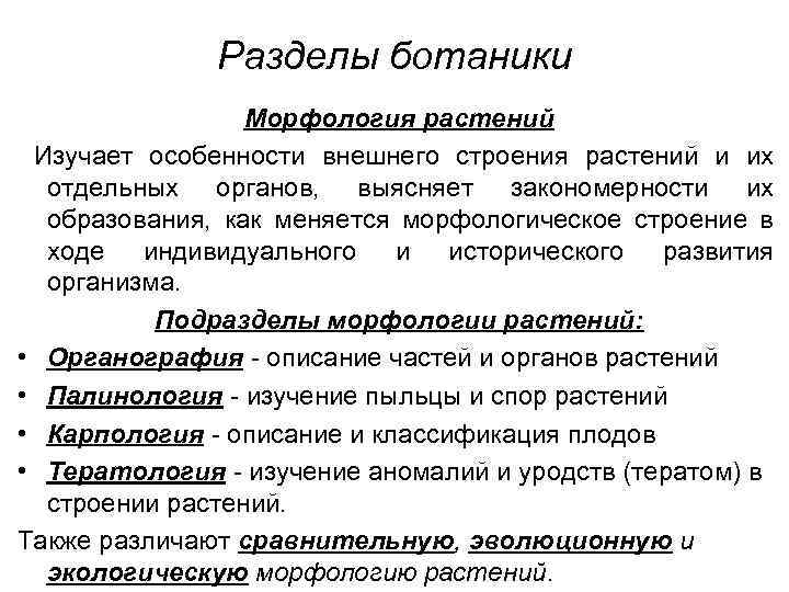 Разделы ботаники Морфология растений Изучает особенности внешнего строения растений и их отдельных органов, выясняет