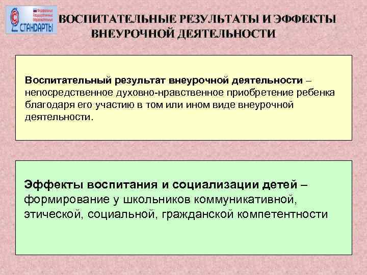 ВОСПИТАТЕЛЬНЫЕ РЕЗУЛЬТАТЫ И ЭФФЕКТЫ ВНЕУРОЧНОЙ ДЕЯТЕЛЬНОСТИ Воспитательный результат внеурочной деятельности – непосредственное духовно-нравственное приобретение