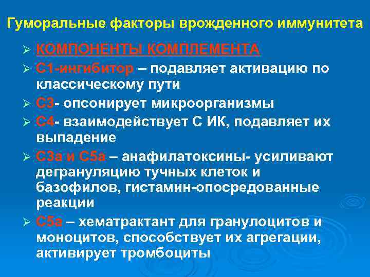 Гуморальные факторы врожденного иммунитета КОМПОНЕНТЫ КОМПЛЕМЕНТА Ø С 1 -ингибитор – подавляет активацию по