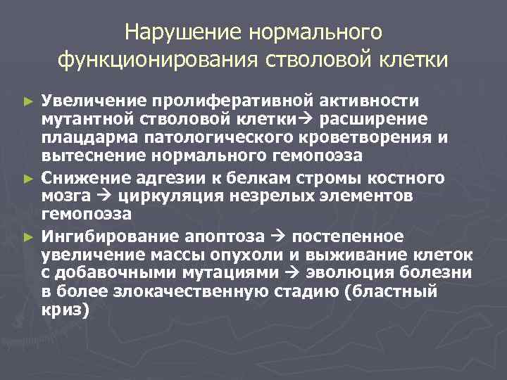 Нарушение нормального функционирования стволовой клетки Увеличение пролиферативной активности мутантной стволовой клетки расширение плацдарма патологического