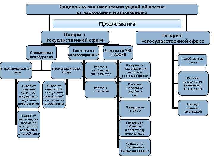 Социально-экономический ущерб общества от наркомании и алкоголизма Профилактика Потери в государственной сфере Социальные последствия