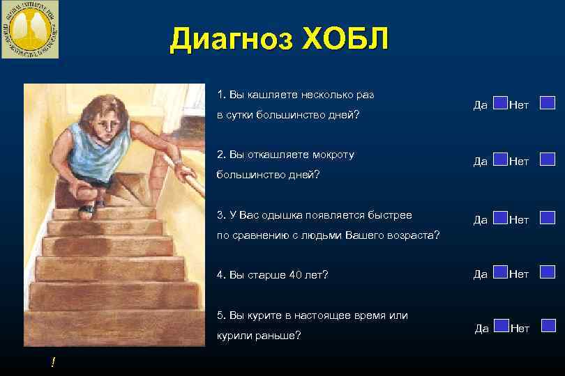 Диагноз ХОБЛ 1. Вы кашляете несколько раз в сутки большинство дней? 2. Вы откашляете