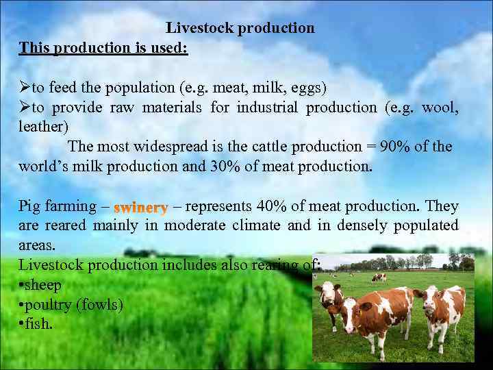 Livestock production This production is used: Øto feed the population (e. g. meat, milk,