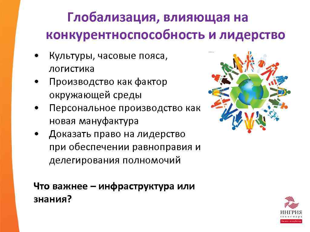 Глобализация, влияющая на конкурентноспособность и лидерство • Культуры, часовые пояса, логистика • Производство как