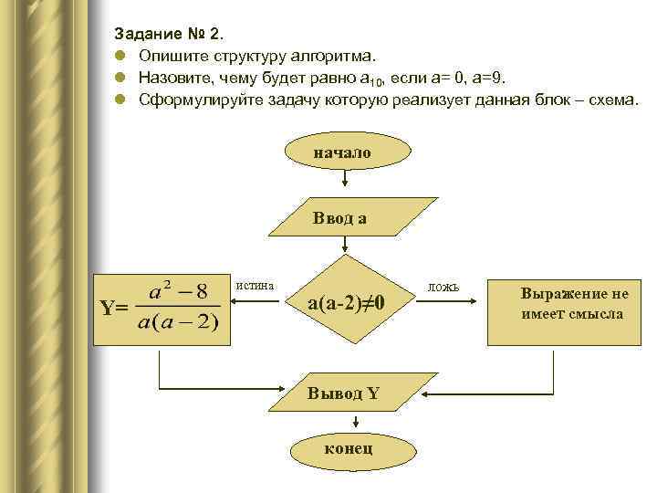 Задание № 2. l Опишите структуру алгоритма. l Назовите, чему будет равно a 10,