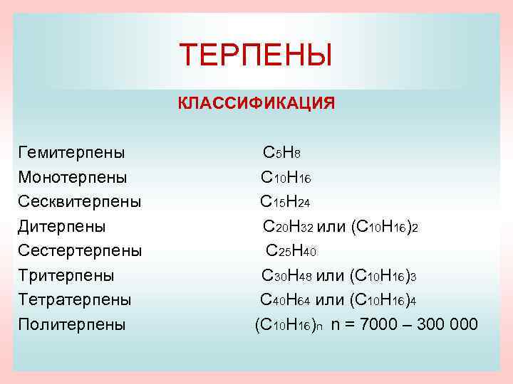 ТЕРПЕНЫ КЛАССИФИКАЦИЯ Гемитерпены Монотерпены Сесквитерпены Дитерпены Сестертерпены Тритерпены Тетратерпены Политерпены С 5 Н 8