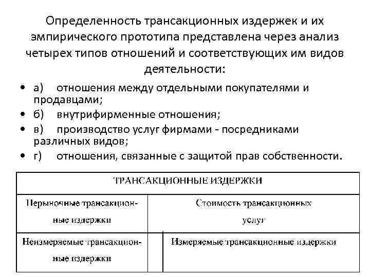 Определенность трансакционных издержек и их эмпирического прототипа представлена через анализ четырех типов отношений и