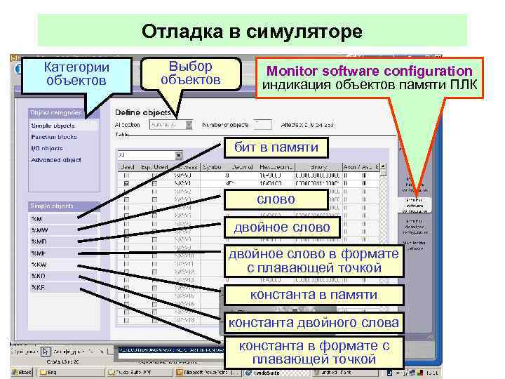 Отладка в симуляторе Категории объектов Выбор объектов Monitor software configuration индикация объектов памяти ПЛК