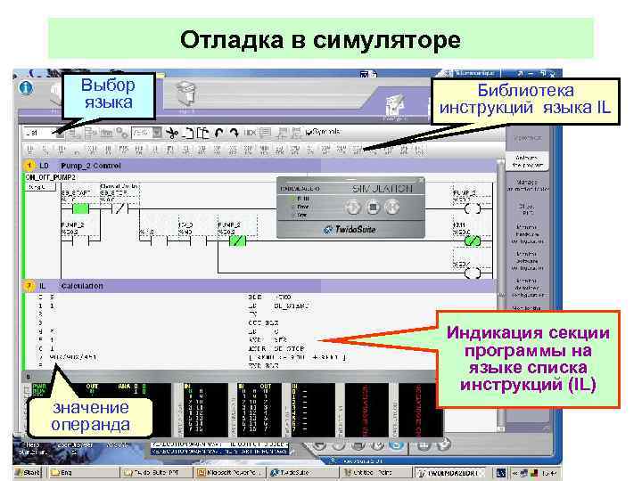 Отладка в симуляторе Выбор языка Библиотека инструкций языка IL Индикация секции программы на языке