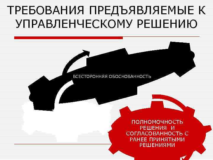ТРЕБОВАНИЯ ПРЕДЪЯВЛЯЕМЫЕ К УПРАВЛЕНЧЕСКОМУ РЕШЕНИЮ ВСЕСТОРОННЯЯ ОБОСНОВАННОСТЬ СВОЕВРЕМЕННОСТЬ И ПОЛНОТА СОДЕРЖАНИЯ ПОЛНОМОЧНОСТЬ РЕШЕНИЯ И