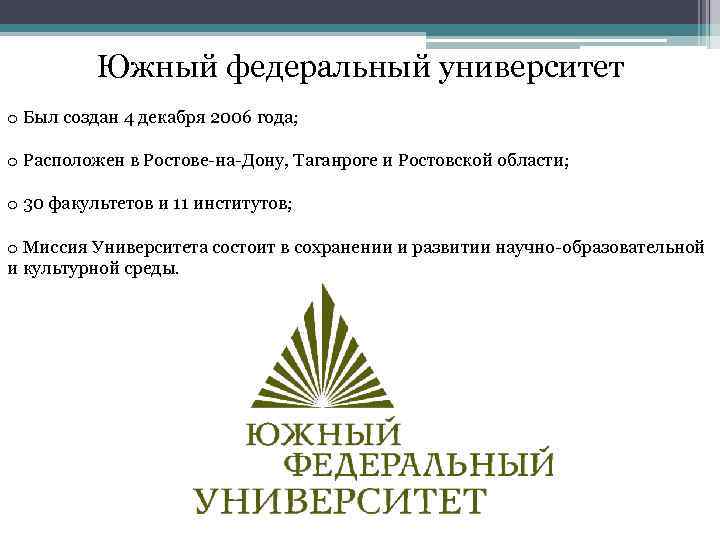 Южный федеральный университет o Был создан 4 декабря 2006 года; o Расположен в Ростове-на-Дону,