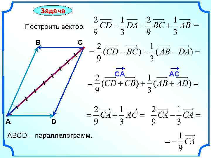 Задача = Построить вектор. В С CA А D АВСD – параллелограмм. AC 