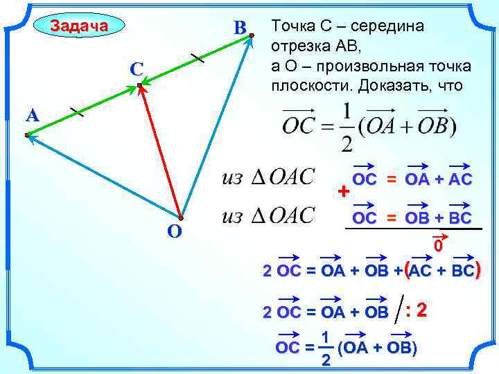 Задача B C Точка С – середина отрезка АВ, а О – произвольная точка