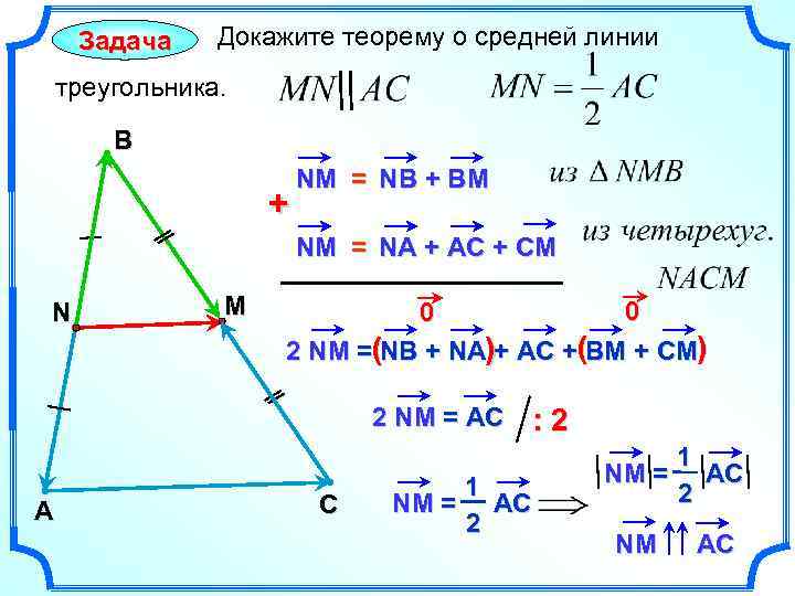 Задача Докажите теорему о средней линии треугольника. В + NM = NB + BM