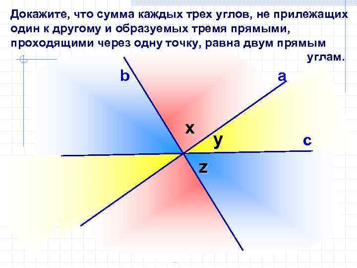 Докажите, что сумма каждых трех углов, не прилежащих один к другому и образуемых тремя