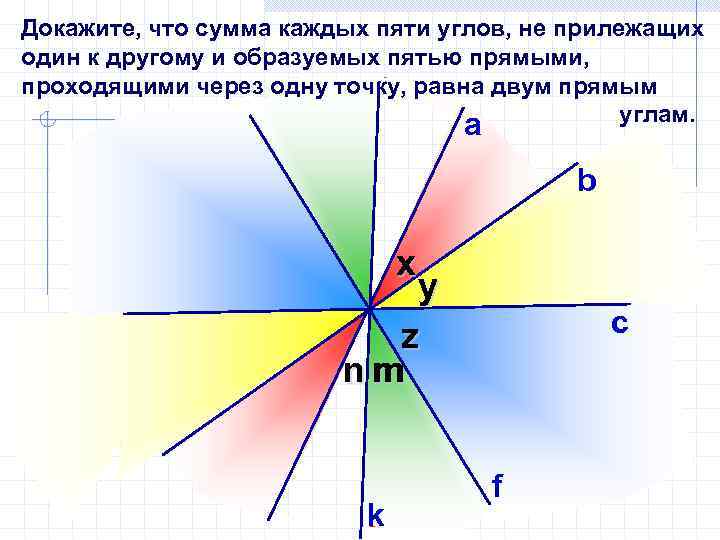 Докажите, что сумма каждых пяти углов, не прилежащих один к другому и образуемых пятью