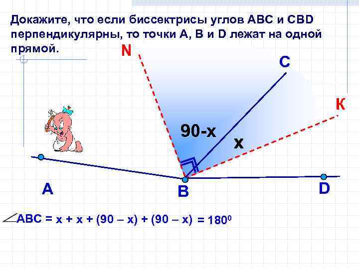 Докажите, что если биссектрисы углов АВС и СВD перпендикулярны, то точки А, В и