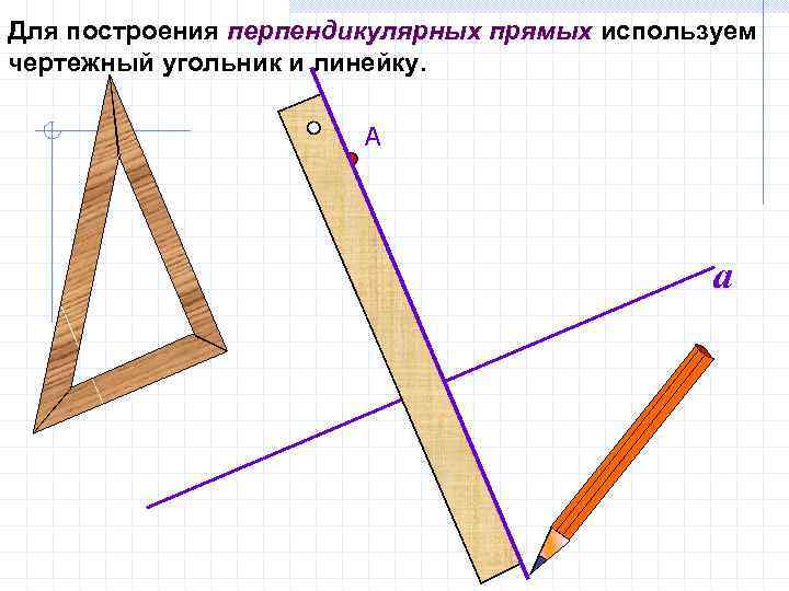 Для построения перпендикулярных прямых используем чертежный угольник и линейку. А a 