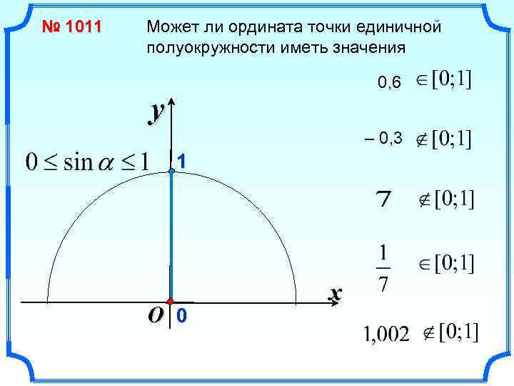 № 1011 Может ли ордината точки единичной полуокружности иметь значения 0, 6 y –