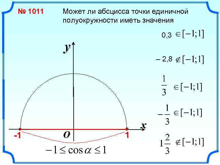 № 1011 Может ли абсцисса точки единичной полуокружности иметь значения 0, 3 y –