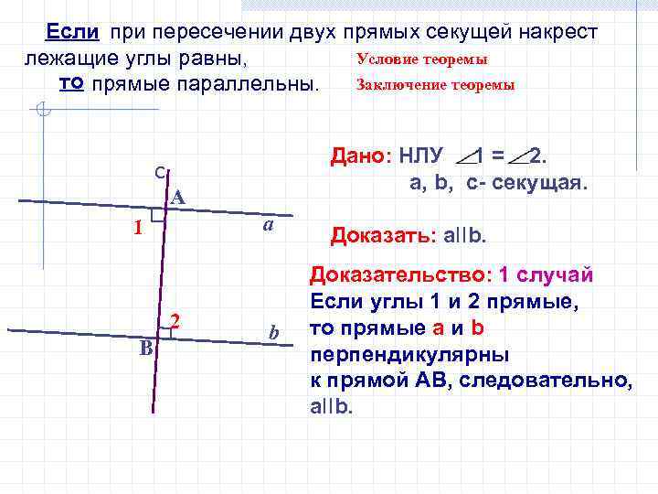 Если при пересечении двух прямых секущей накрест Условие теоремы лежащие углы равны, то прямые