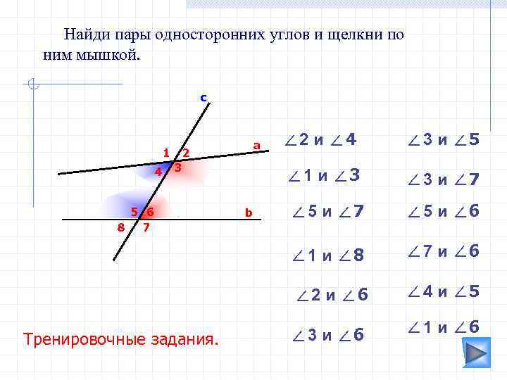 Найди пары односторонних углов и щелкни по ним мышкой. c ∠ 1 и ∠