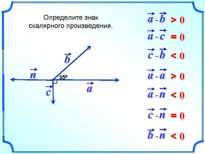 Определите знак скалярного произведения. c b <0 b n 350 c a b >0