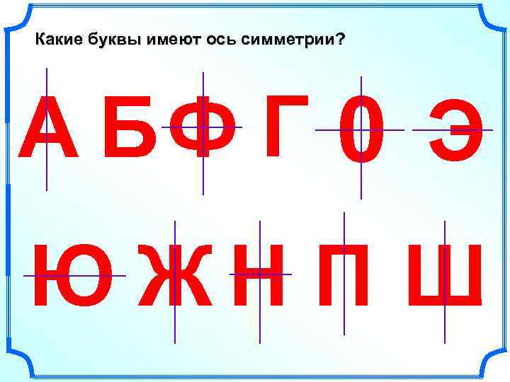 Какие буквы имеют ось симметрии? А БФ Г 0 Э Ю ЖН П Ш