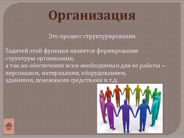 Организация Это процесс структурирования. Задачей этой функции является формирование структуры организации, а так же