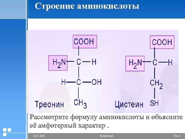 Строение аминокислоты Рассмотрите формулу аминокислоты и объясните её амфотерный характер. 20. 01. 2006 Презентация