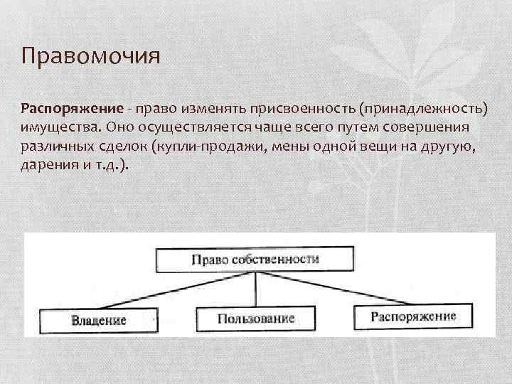 Правомочия Распоряжение - право изменять присвоенность (принадлежность) имущества. Оно осуществляется чаще всего путем совершения