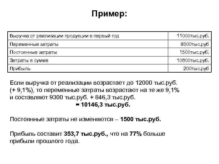 Пример: Выручка от реализации продукции в первый год 11000 тыс. руб. Переменные затраты 9300