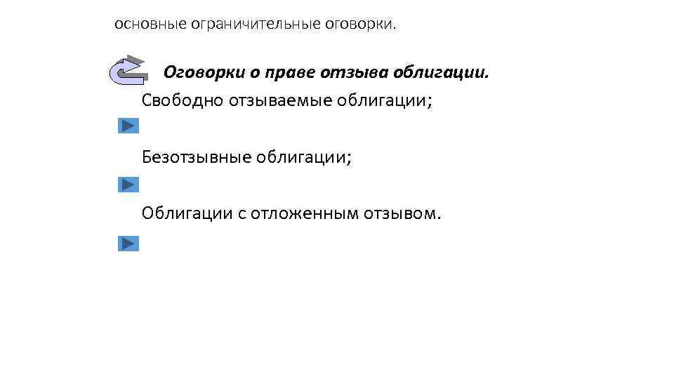 основные ограничительные оговорки. Оговорки о праве отзыва облигации. Свободно отзываемые облигации; Безотзывные облигации; Облигации