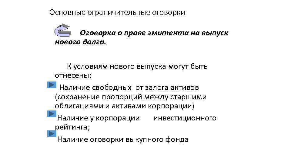 Основные ограничительные оговорки Оговорка о праве эмитента на выпуск нового долга. К условиям нового