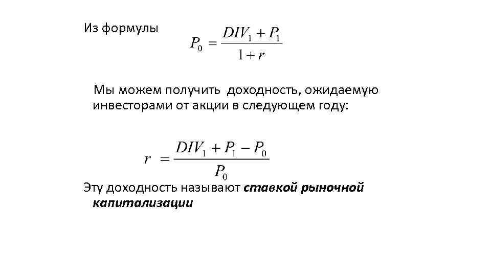 Из формулы Мы можем получить доходность, ожидаемую инвесторами от акции в следующем году: Эту