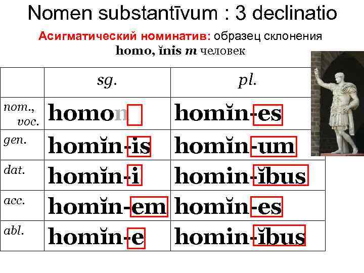 Nomen substantīvum : 3 declinatio Асигматический номинатив: образец склонения homo, ĭnis m человек nom.
