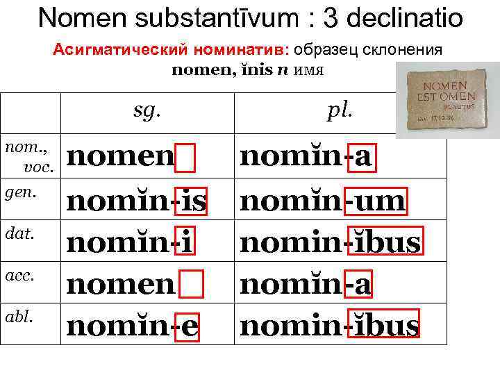 Nomen substantīvum : 3 declinatio Асигматический номинатив: образец склонения nomen, ĭnis n имя nom.