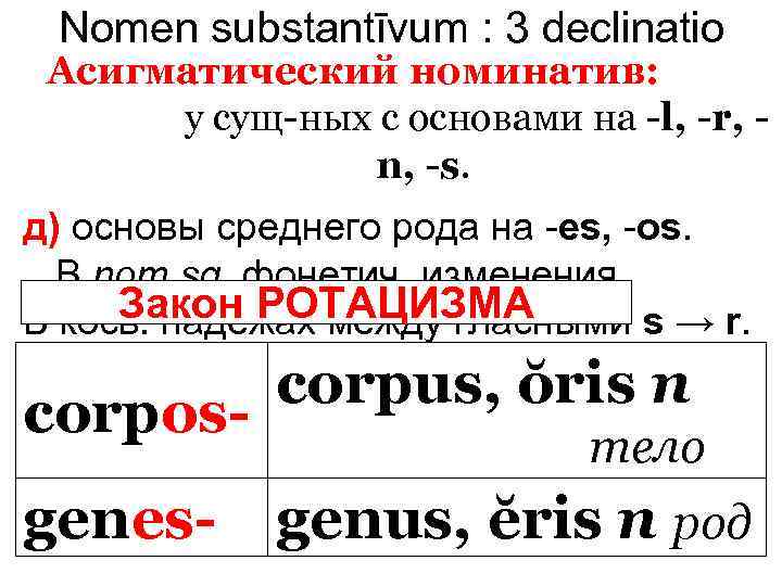 Nomen substantīvum : 3 declinatio Асигматический номинатив: у сущ-ных с основами на -l, -r,