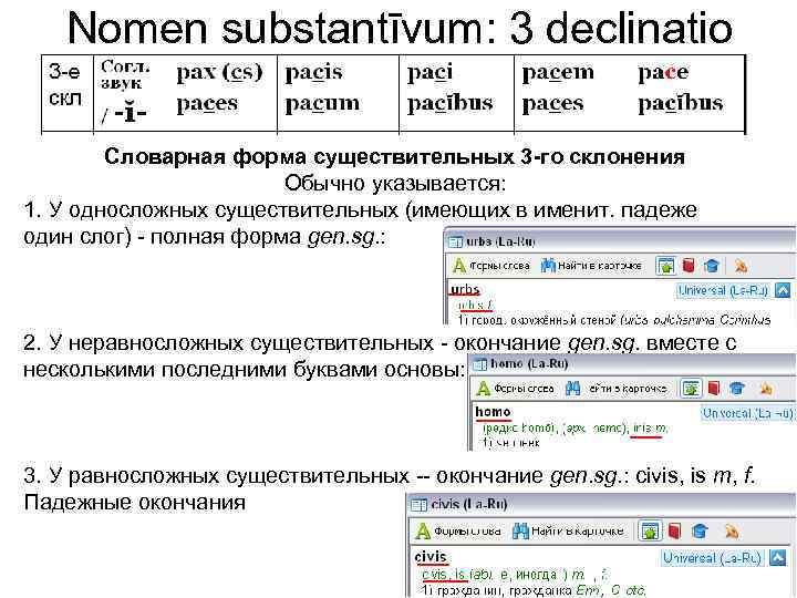 Nomen substantīvum: 3 declinatio Словарная форма существительных 3 -го склонения Обычно указывается: 1. У