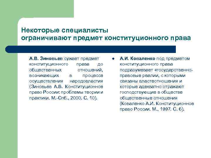 Некоторые специалисты ограничивают предмет конституционного права А. В. Зиновьев сужает предмет конституционного права до