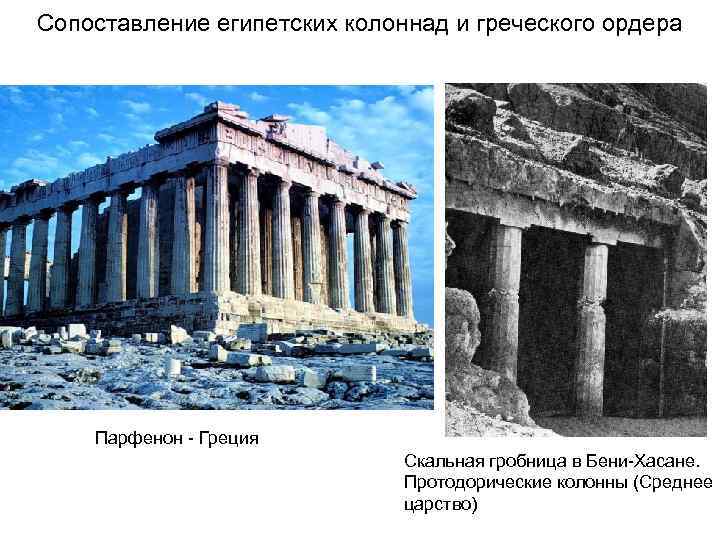 Сопоставление египетских колоннад и греческого ордера Парфенон - Греция Скальная гробница в Бени-Хасане. Протодорические