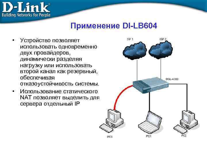 Применение DI-LB 604 • Устройство позволяет использовать одновременно двух провайдеров, динамически разделяя нагрузку или