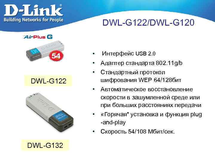 DWL-G 122/DWL-G 120 • Интерфейс USB 2. 0 • Адаптер стандарта 802. 11 g/b