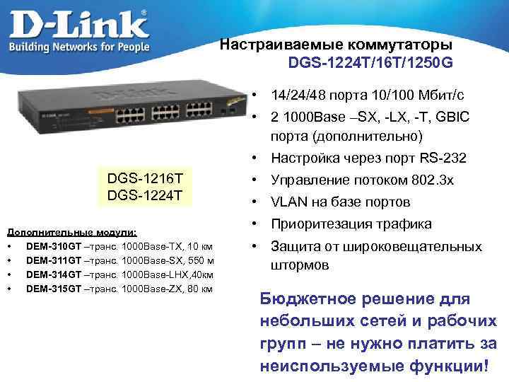 Настраиваемые коммутаторы DGS-1224 T/16 T/1250 G • 14/24/48 порта 10/100 Мбит/с • 2 1000