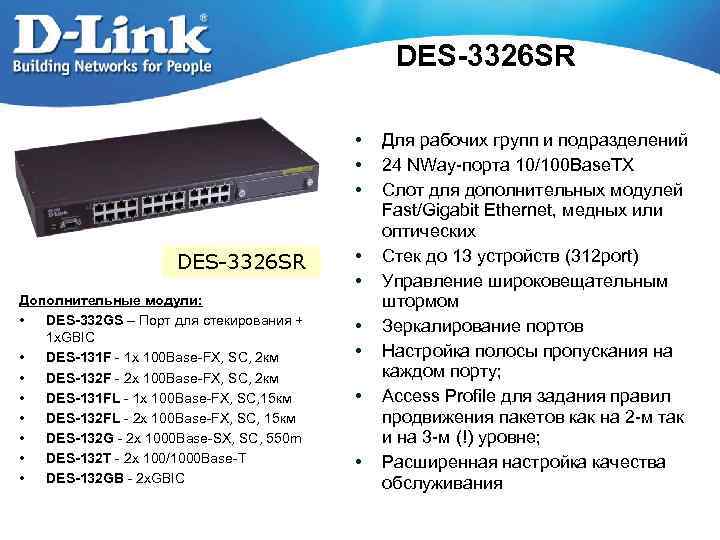 DES-3326 SR • • • DES-3326 SR Дополнительные модули: • DES-332 GS – Порт