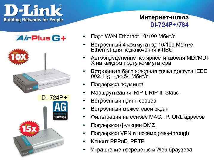 Интернет-шлюз DI-724 P+/784 • • • Автоопределение полярности кабеля MDI/MDIX на каждом порту коммутатора