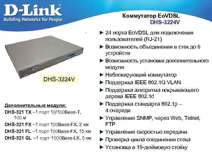 Коммутатор Eo. VDSL DHS-3224 V Дополнительные модули: DHS-321 TX – 1 порт 10/100 Base-T,