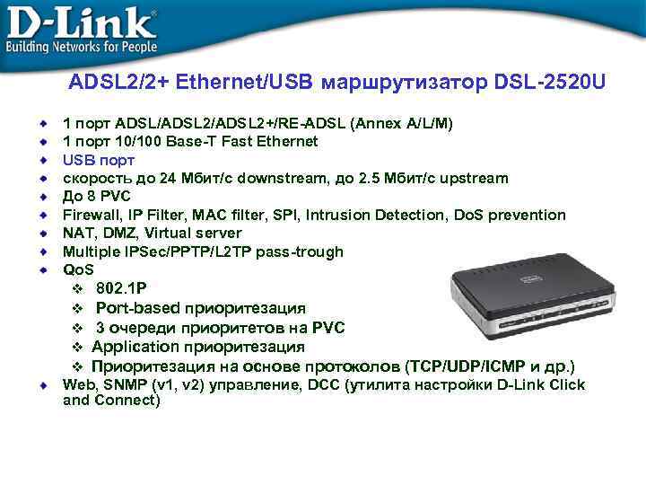 ADSL 2/2+ Ethernet/USB маршрутизатор DSL-2520 U 1 порт ADSL/ADSL 2+/RE-ADSL (Annex A/L/M) 1 порт